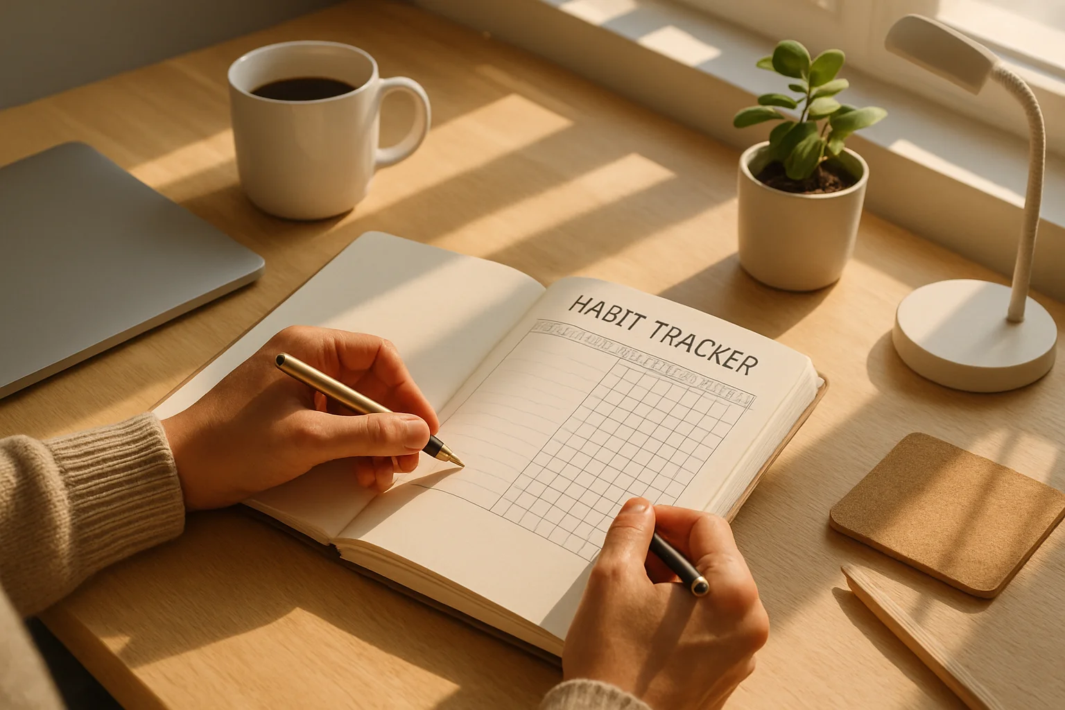 A person writing in a journal with a habit tracker visible