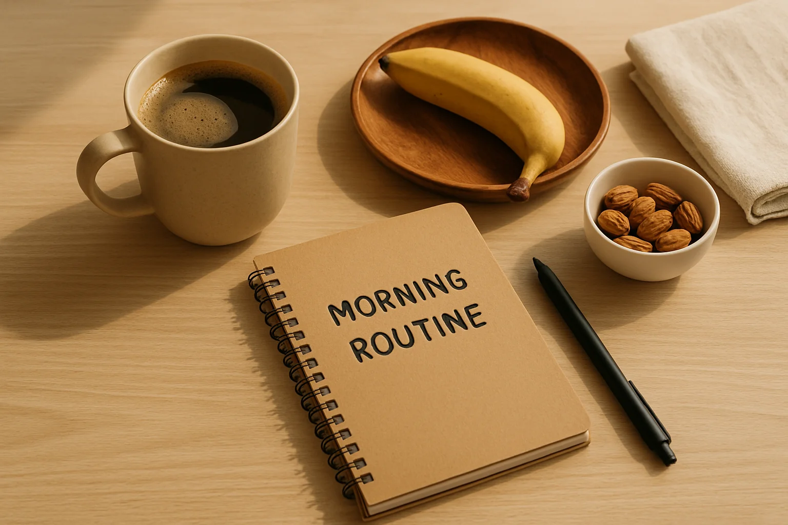 A morning routine setup with coffee, journal, and organized items